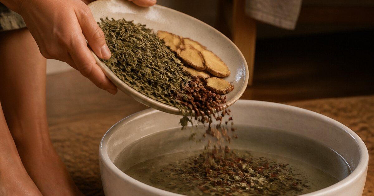 Mugwort foot soak pack steeping in warm water in a wooden basin