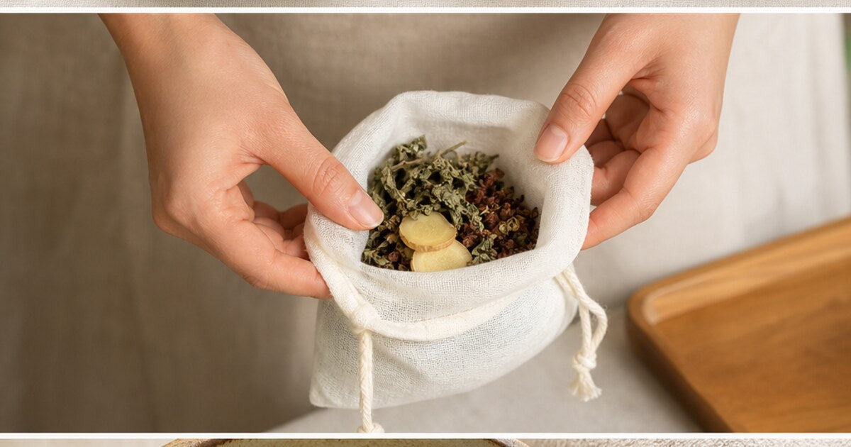 Hands holding a cloth pouch filled with mugwort, ginger, and other foot soak botanicals