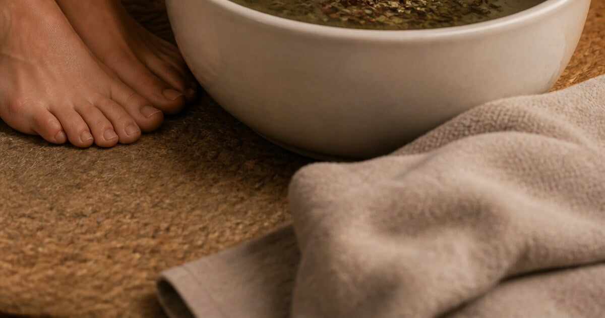 A botanical foot soak being prepared in a basin with comfortably warm water