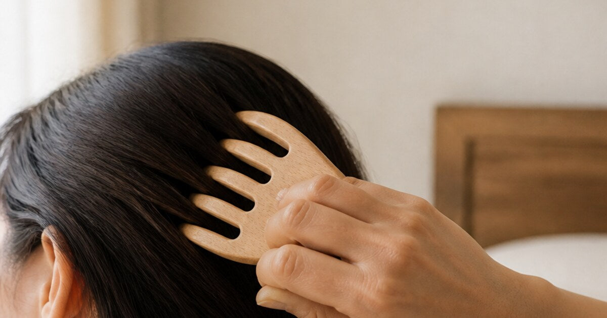 A person gently using a wide-tooth wooden scalp massage comb