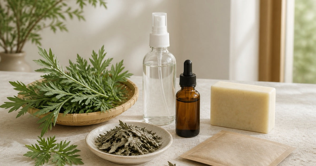 Mugwort leaves, dried botanicals, a mist bottle, an amber bottle, and a botanical soap bar