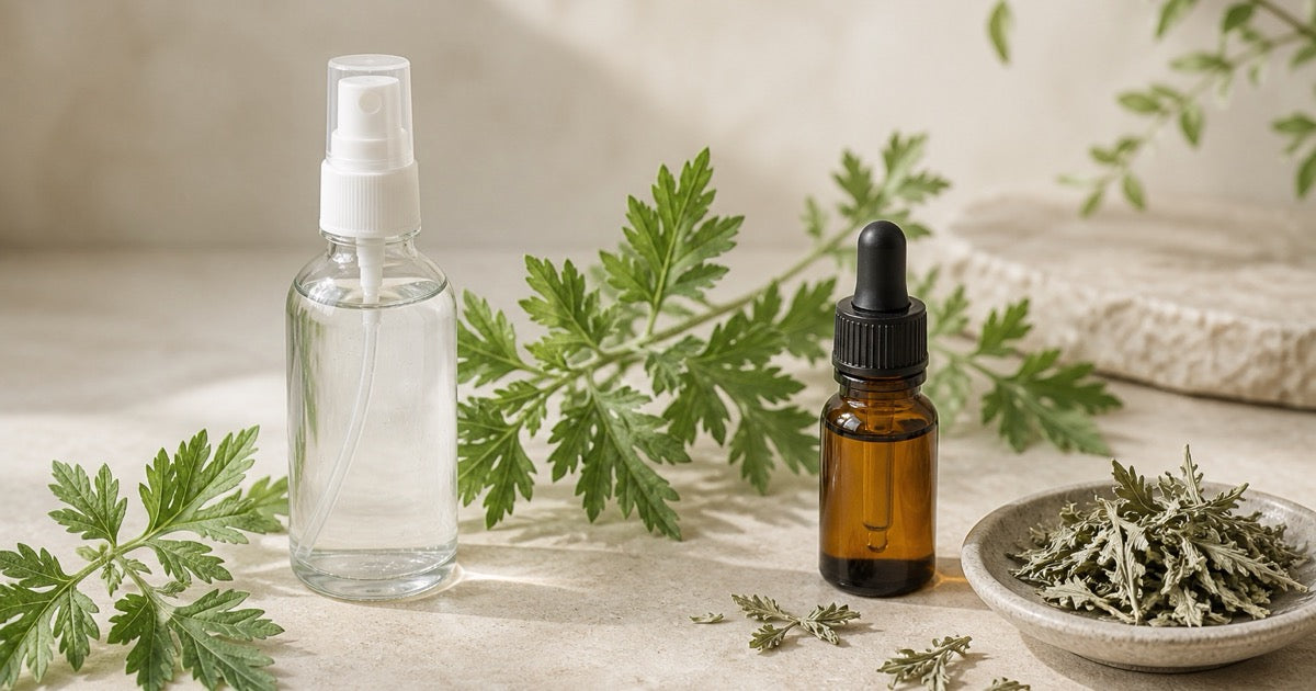 A clear spray bottle and amber dropper bottle surrounded by fresh and dried mugwort leaves