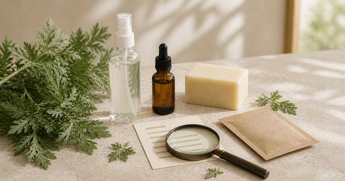 A spray bottle, dropper bottle, soap bar, botanical sachet, magnifying glass, and mugwort sprigs on linen