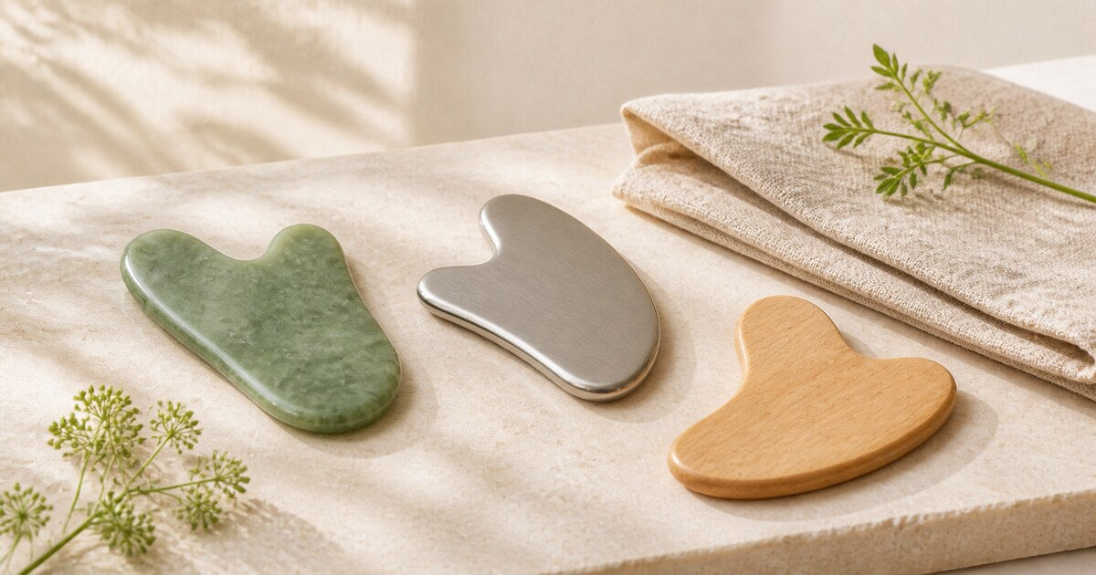 Three gua sha tools in green stone, silver metal, and wood beside folded linen