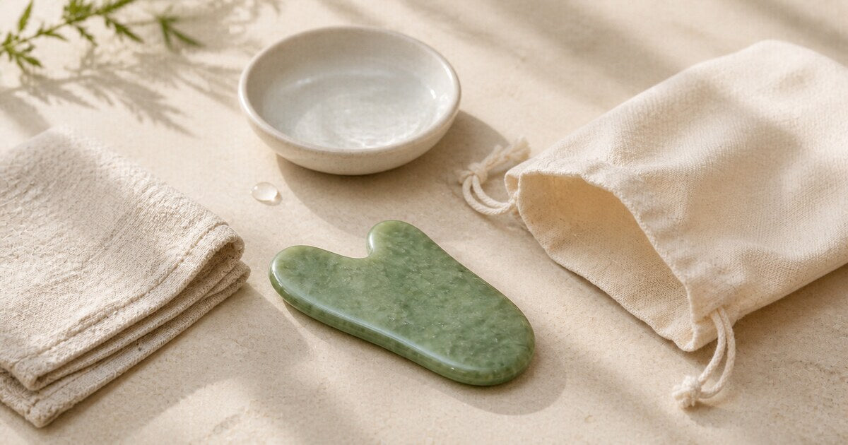 A green gua sha tool beside a cotton drawstring pouch, ceramic bowl, and folded towels on cream linen