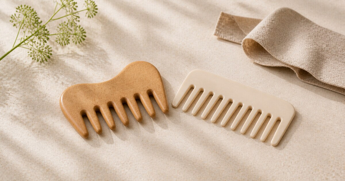 Two wooden combs with different tooth shapes arranged on natural linen