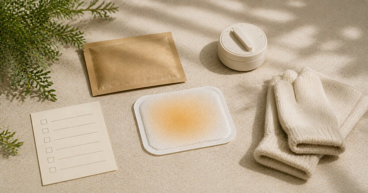 A square reusable warming pack with a fabric pouch, knit gloves, small container, and checklist on cream linen