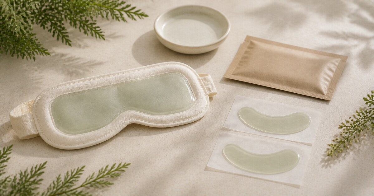 A pale green cooling eye mask with two translucent under-eye patches and a small pouch on cream linen