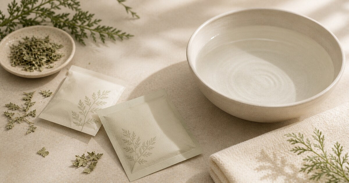 A white foot soak bowl with botanical sachets and loose herbs arranged on cream linen
