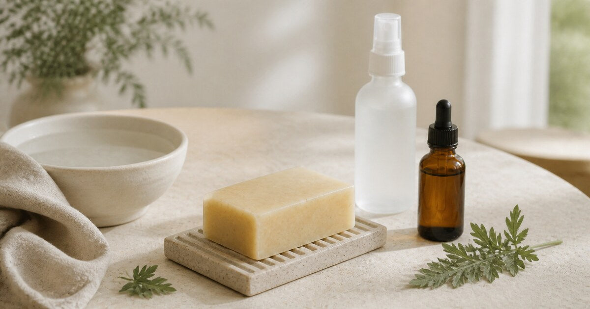 A botanical soap bar, clear spray bottle, amber dropper bottle, and mugwort sprigs on cream linen