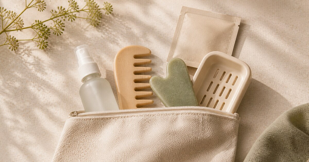 A travel pouch holding a spray bottle, wooden comb, and gua sha tools on cream linen
