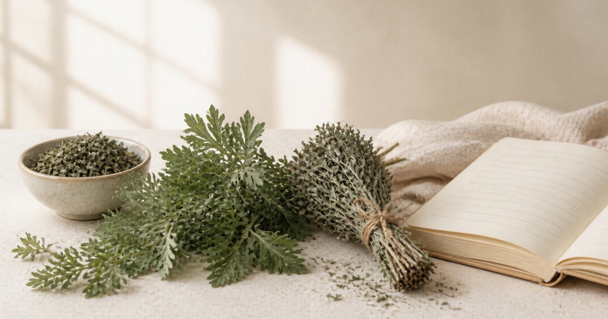 Fresh and dried mugwort arranged beside an open notebook on natural linen