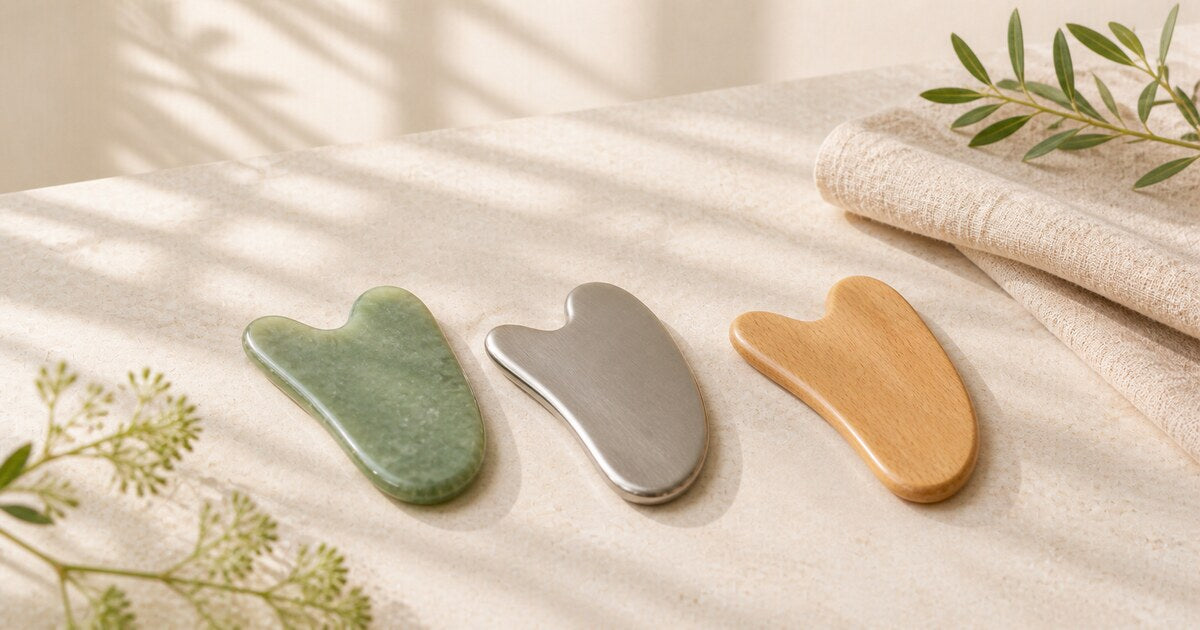 Three gua sha tools in stone, metal, and wood arranged on natural linen