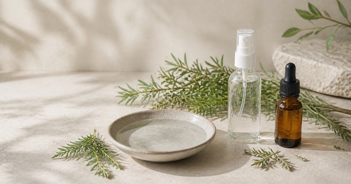 A clear spray bottle and amber dropper bottle with a ceramic bowl and mugwort leaves on cream linen