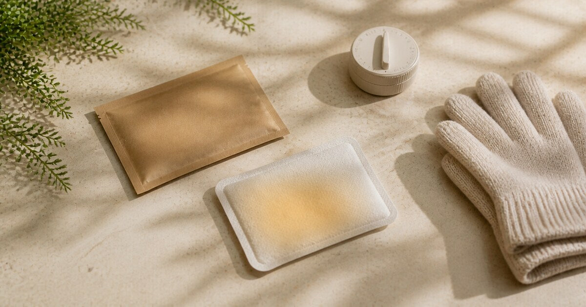 Two compact warming packs with knit gloves and a small candle arranged on cream linen