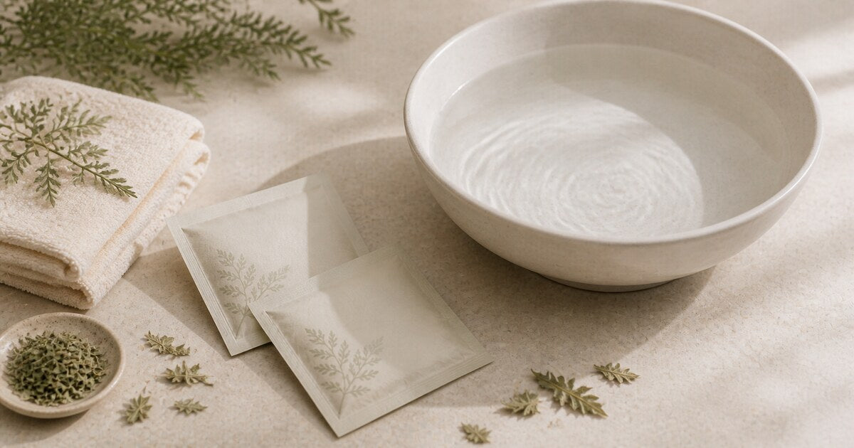 A white foot soak bowl with herbal sachets, loose botanicals, and folded towels on cream linen