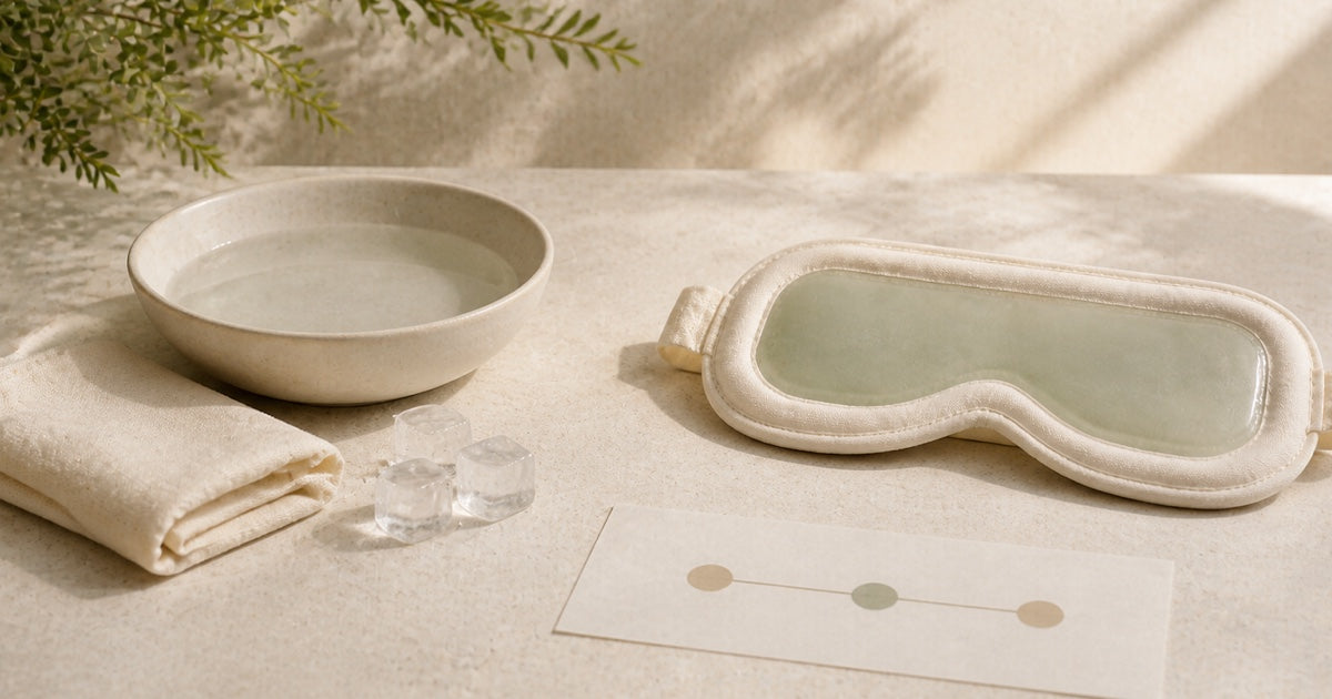 A pale green cooling eye mask, ceramic bowl, folded cloth, and clear stones arranged on cream linen