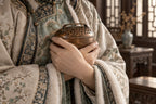 Two hands holding a copper hand brazier against traditional winter clothing.