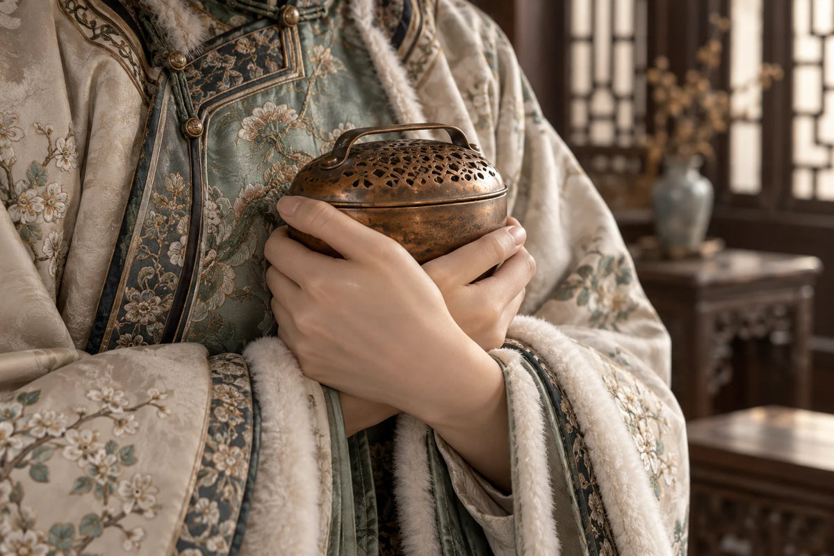 Two hands holding a copper hand brazier against traditional winter clothing.