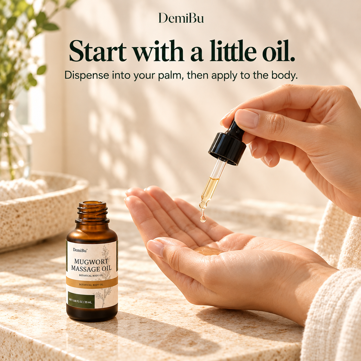 A hand holding a dropper above a clean palm, dispensing DemiBu Botanical Massage Oil before body massage