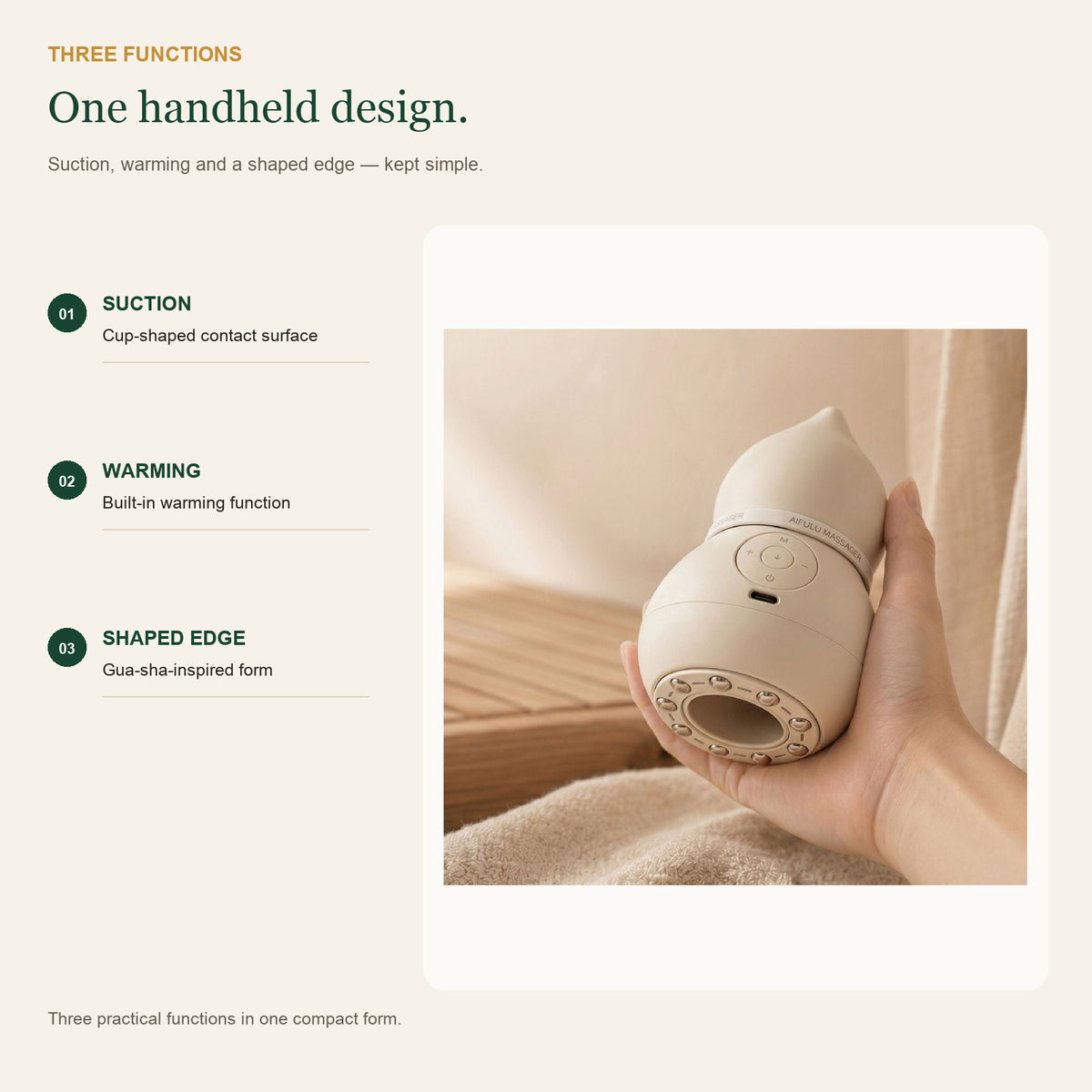 Handheld electric body-care device showing suction warming and a shaped edge