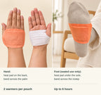 Guide to hand and seated foot use, two warmers per pouch and up to six hours of warmth.