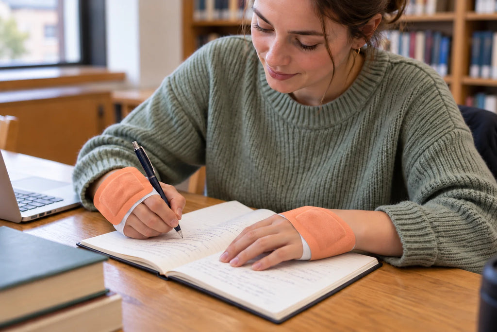 An adult taking notes in a library with warmers on the backs of both hands and broad white bands across the palms.