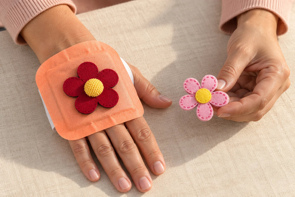 A red flower decoration on a hand warmer, with a pink flower held nearby as another styling option.