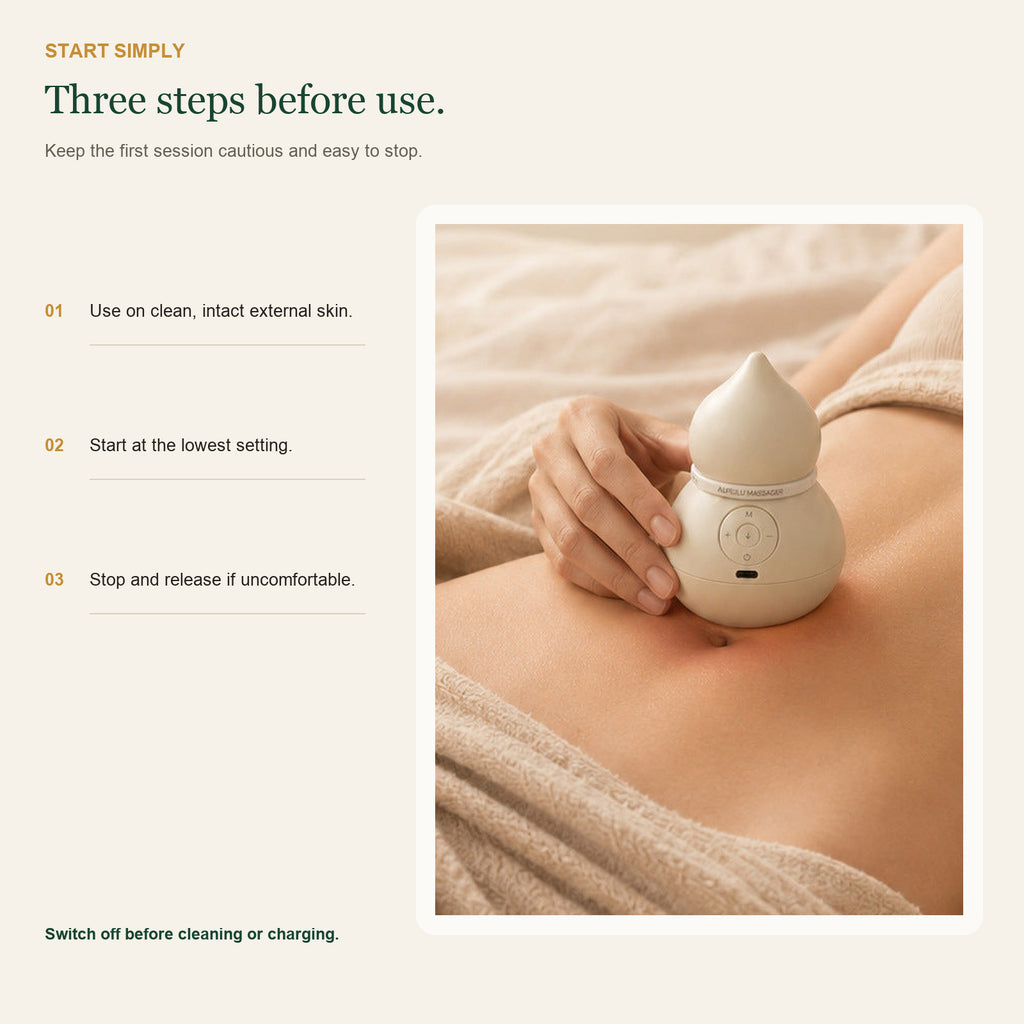 Electric body-care device used on clean intact external skin with three cautious first-use steps