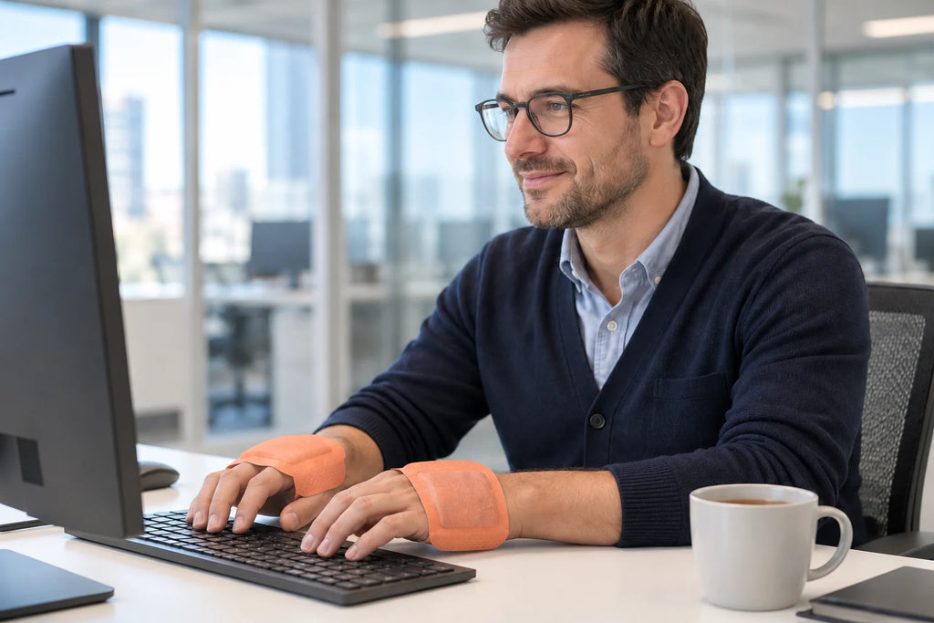 An adult typing at a computer with warmers on the backs of both hands and fingers uncovered.
