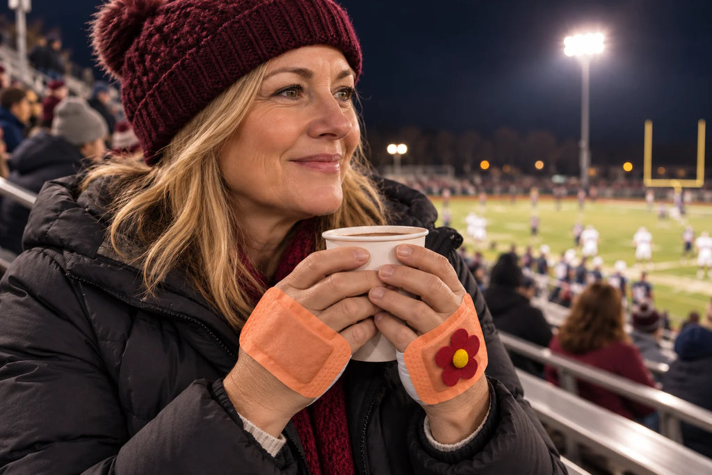 An adult seated in stadium bleachers at night, holding a cup with warmers on both hands, one styled with a flower.