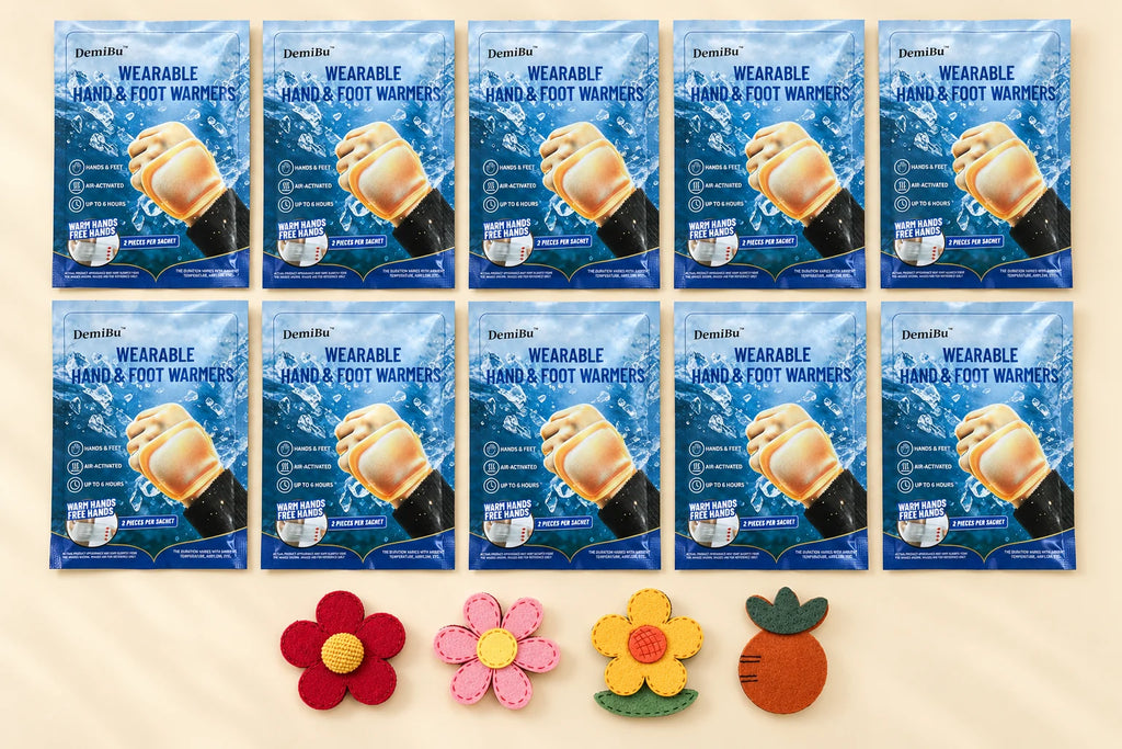 Ten blue pouches arranged with four example decorations; decoration styles are randomly selected.