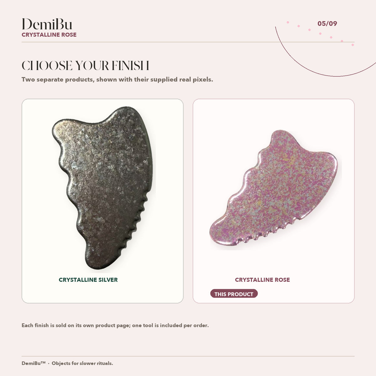 Crystalline Silver and Crystalline Rose gua sha finishes shown side by side as separate products using supplied real pixels.