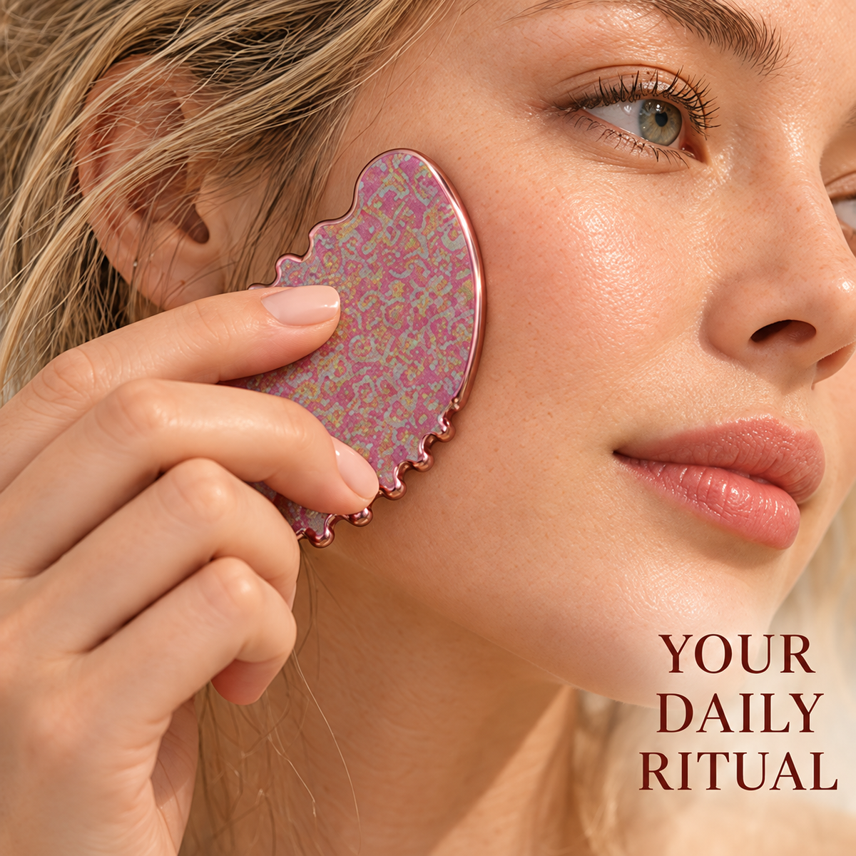 Styled illustration of holding Crystalline Rose gua sha near the cheek