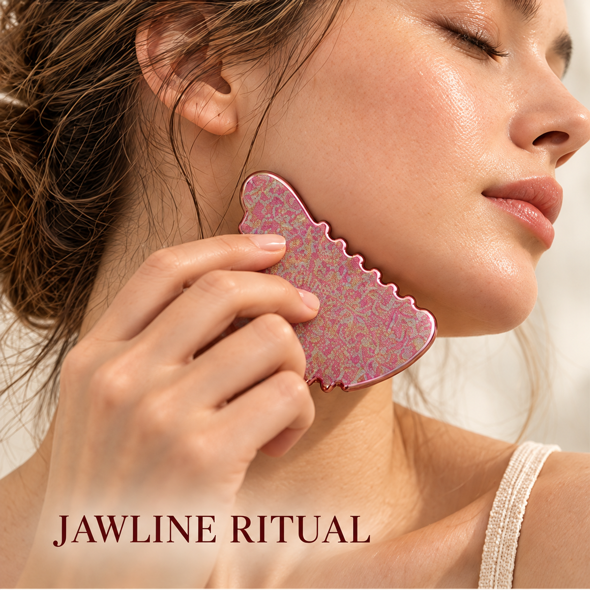 Styled illustration of Crystalline Rose gua sha along the jawline