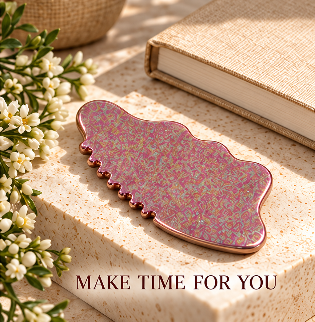 Styled Crystalline Rose gua sha resting on a pale stone surface