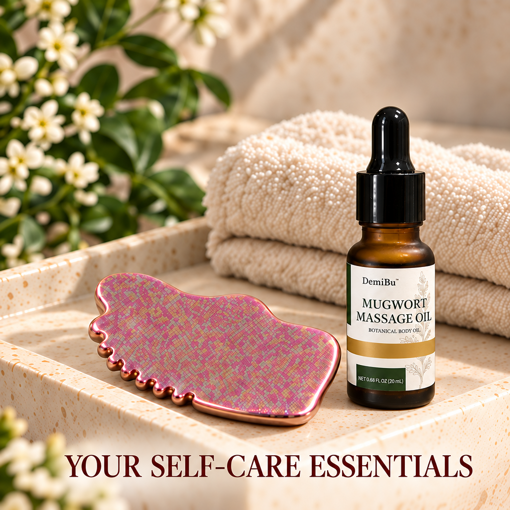 DemiBu Crystalline Rose titanium gua sha and 20 mL Mugwort Massage Oil included in the two-piece body-massage set