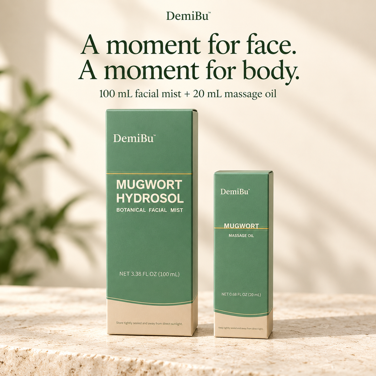 DemiBu 100 mL facial mist and 20 mL body massage oil, shown in their retail cartons