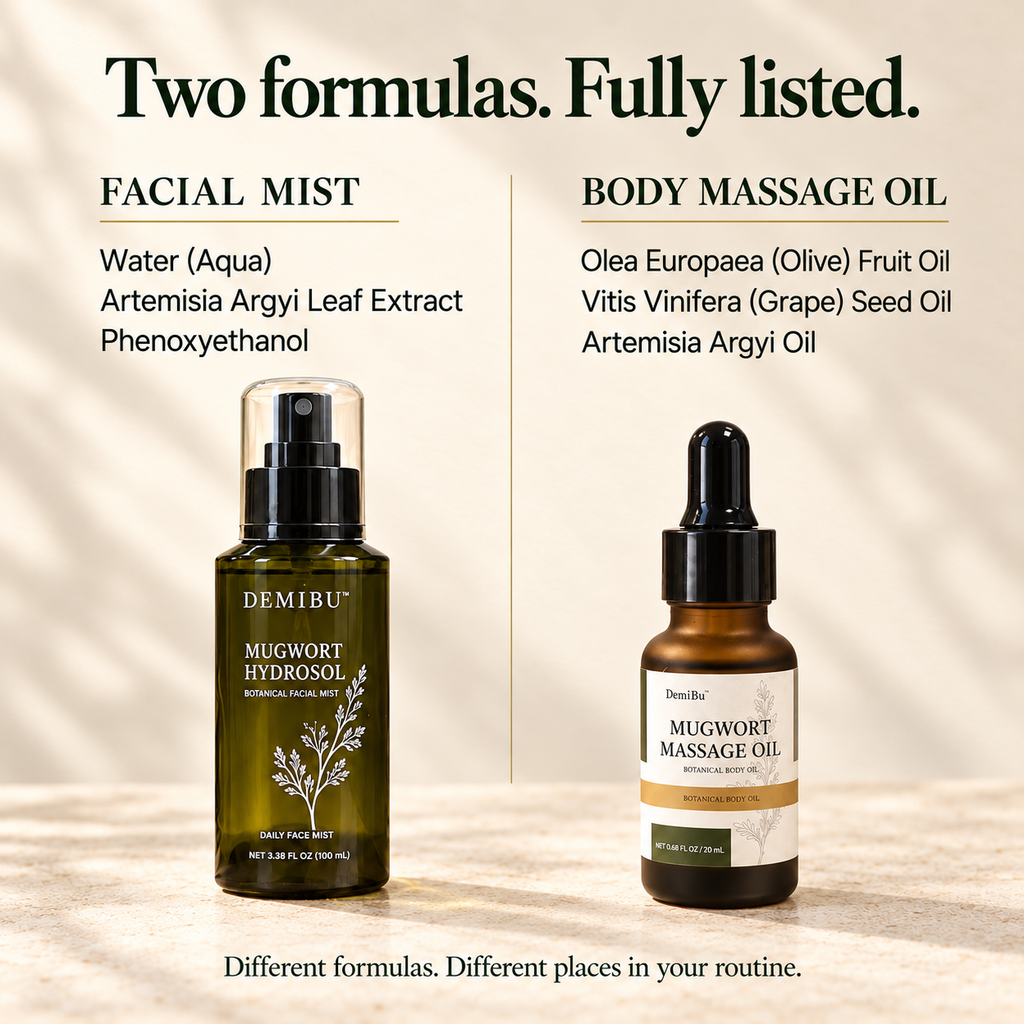 The facial mist and body oil presented with their separate ingredient lists