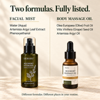 The facial mist and body oil presented with their separate ingredient lists