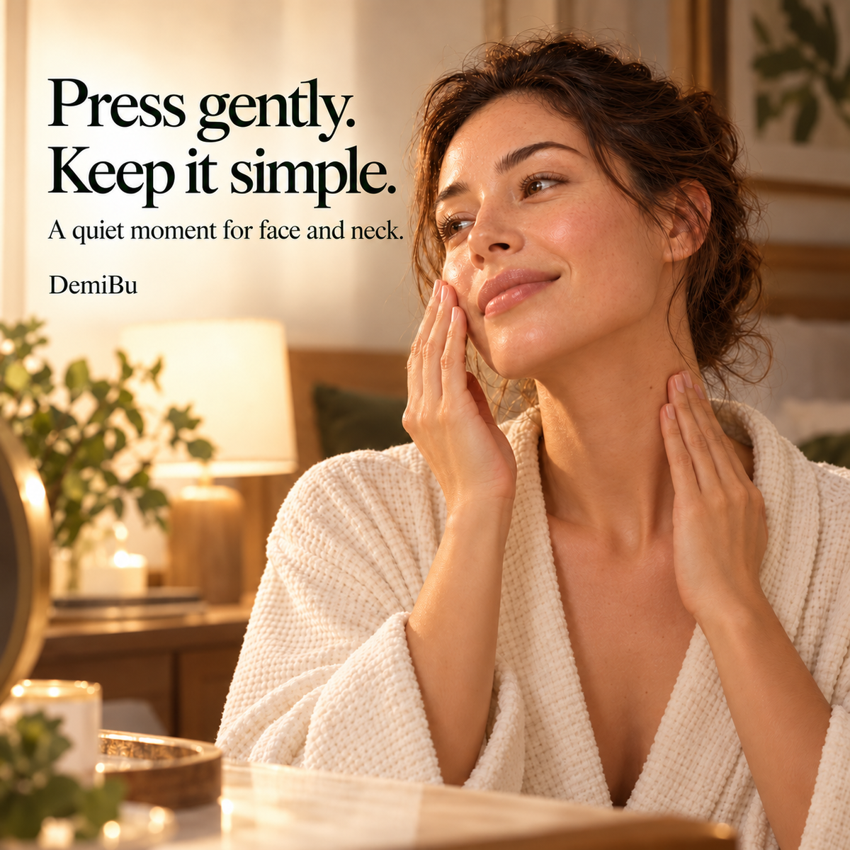An adult gently pressing Mugwort Hydrosol into the face and neck during an evening skincare routine