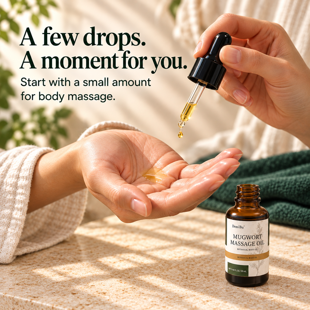 A dropper dispensing DemiBu Botanical Massage Oil into a clean palm before body massage