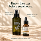 The DemiBu 100 mL facial mist and 20 mL body oil shown for size comparison