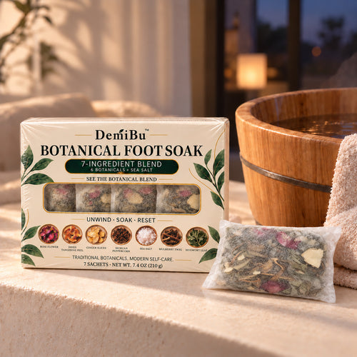 DemiBu Botanical Foot Soak box and sachet beside a wooden foot basin
