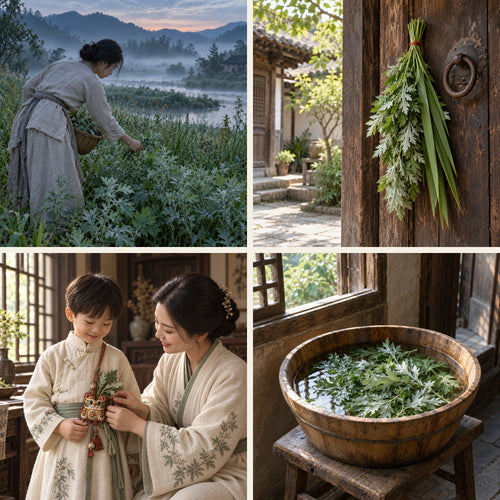 Mugwort traditions: gathering leaves, hanging mugwort, family care and bathing water.