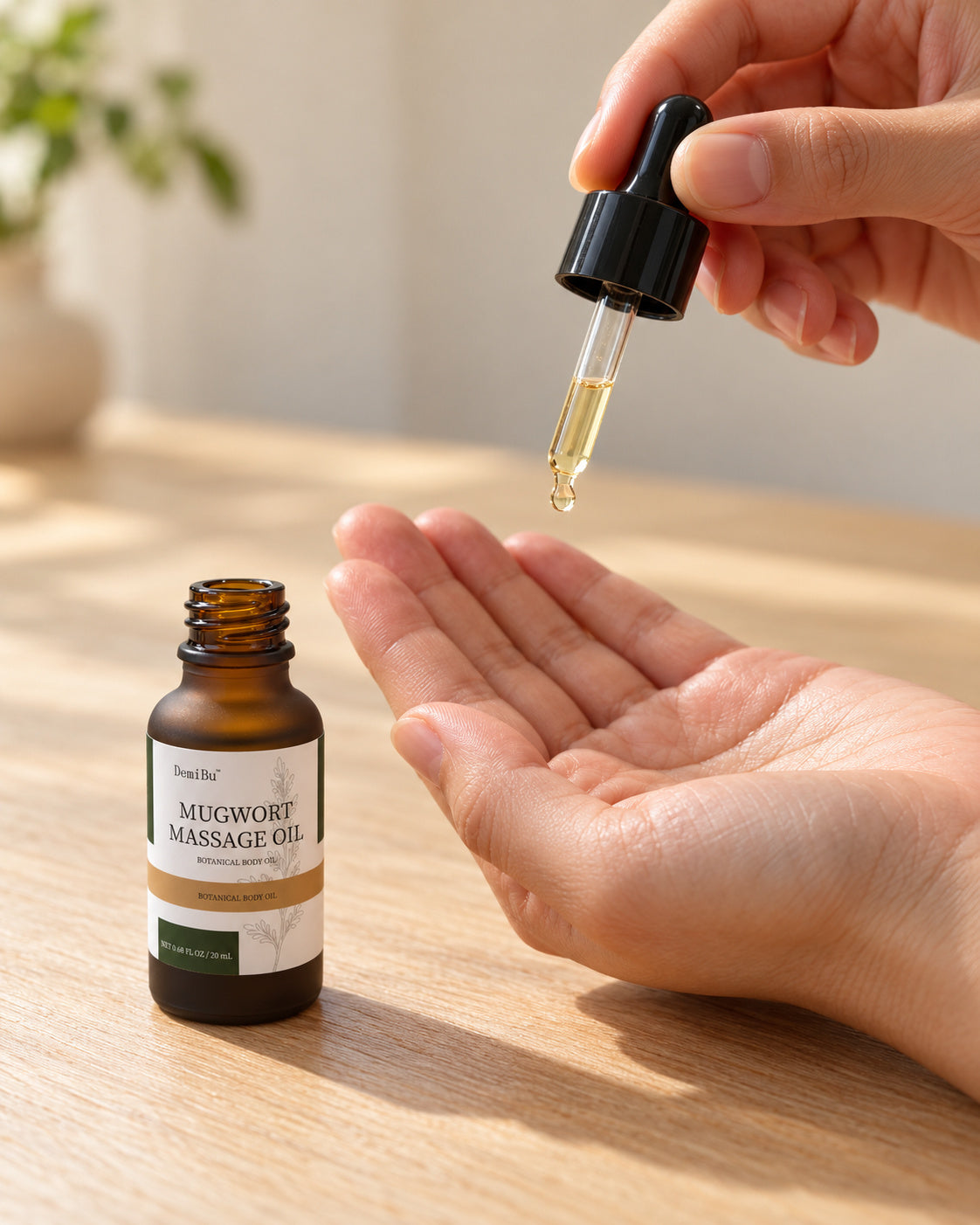 A modern everyday scene of a clear, pale-yellow drop of massage oil being dispensed into an open palm.