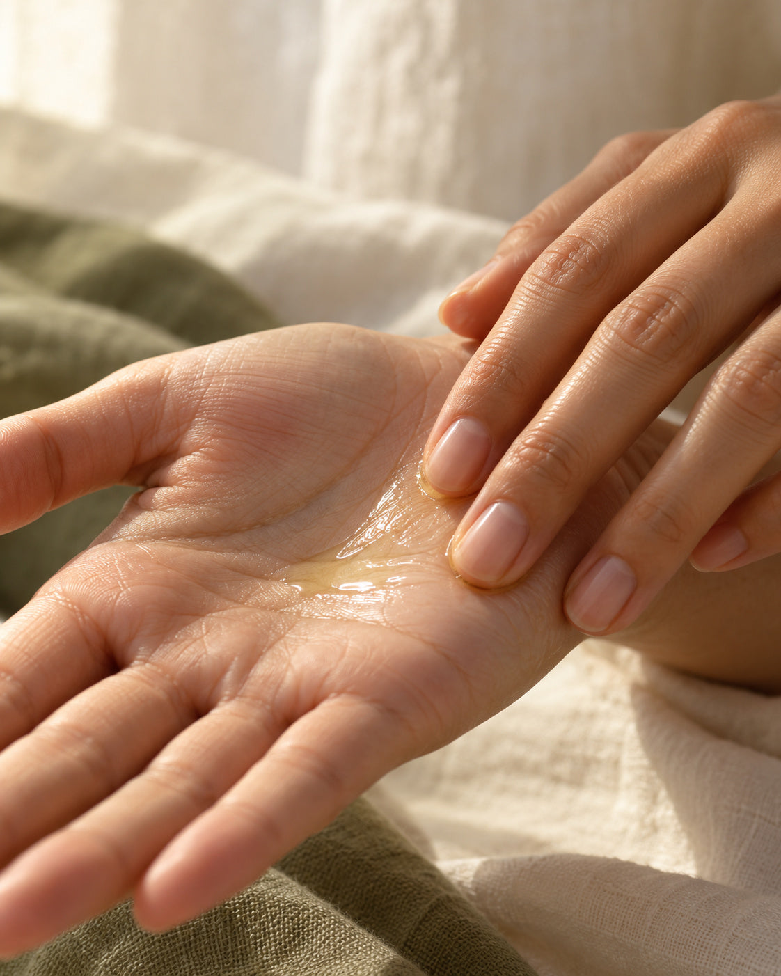 One or two clear, pale-yellow drops being gently spread across a palm.