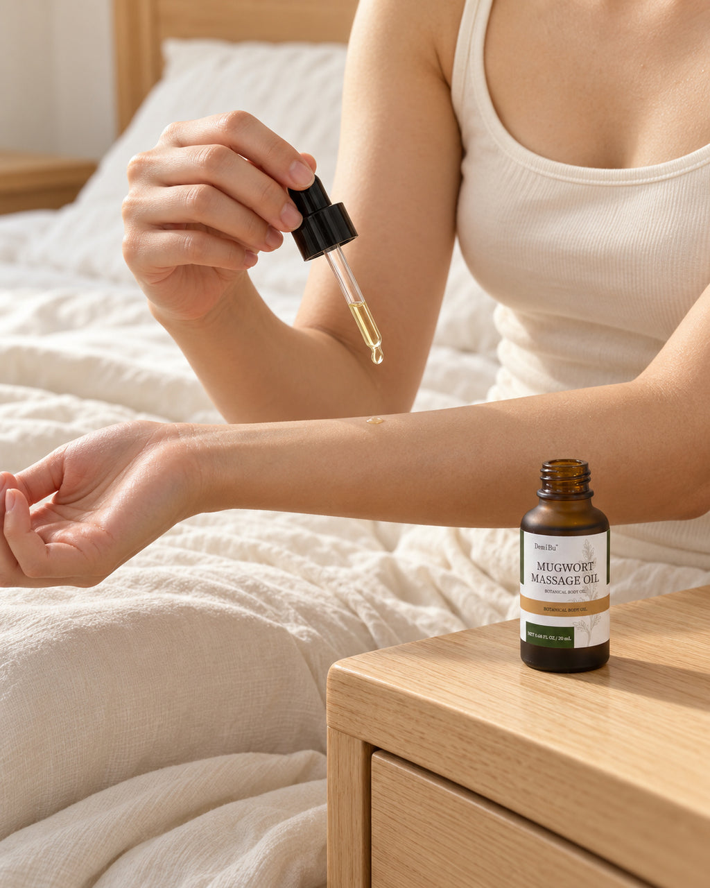 A quiet after-shower moment, gently spreading a little massage oil across the forearm.
