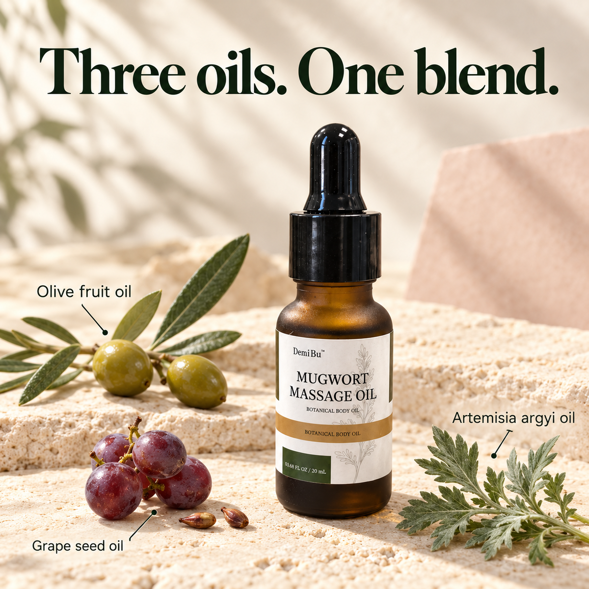 DemiBu Mugwort Massage Oil with illustrative olive, grape and mugwort botanicals and the three ingredient names.