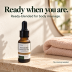 DemiBu Mugwort Massage Oil on a cream shelf beside a folded blush towel, with a ready-blended message.